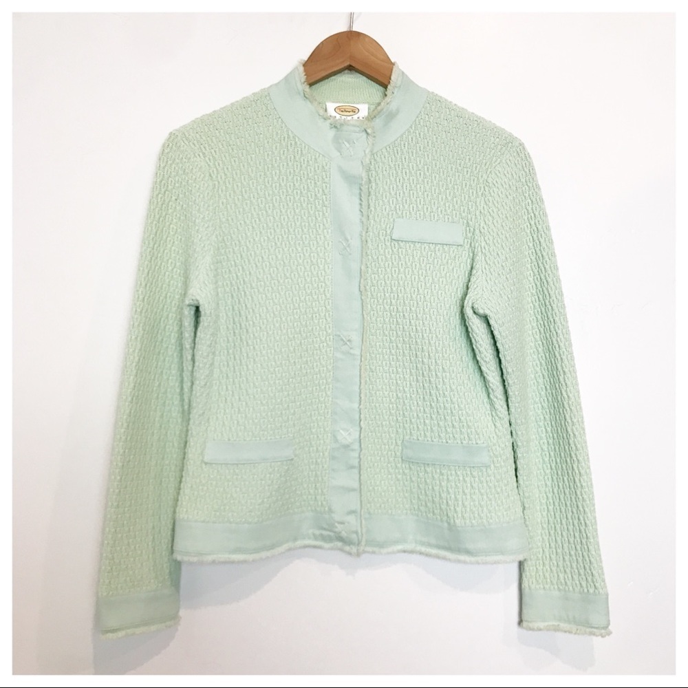Talbots Seafoam Green Waffle‎ Knit Jacket Coastal Grandma Cottage Core PS